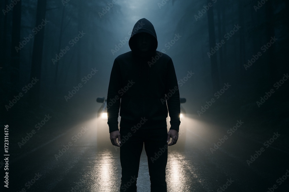 Obraz premium Mysterious hooded figure standing on dark foggy forest road at night, illuminated by car headlights from behind, evoking tension and suspense. Ai generative