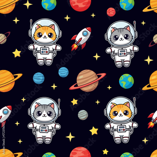 Cute astronaut cats rockets and planets in a playful space pattern Ideal for childrens designs