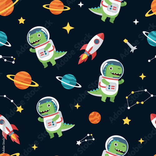 Cute astronaut dinosaurs rockets and planets in a fun space adventure pattern for kids