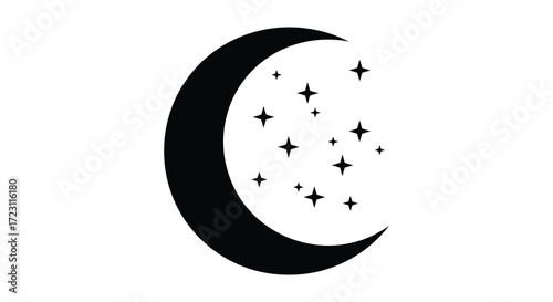 Crescent moon and shining stars create a peaceful night scene silhouette
