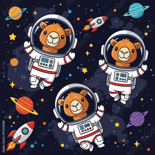 Cute cartoon camels in astronaut suits floating in space with planets and rockets Adventure and dreams