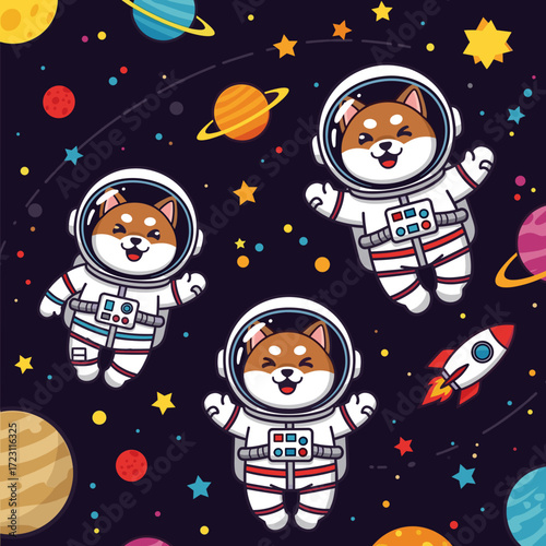 Cute Shiba Inu astronauts happily floating in colorful space with planets stars and a rocket