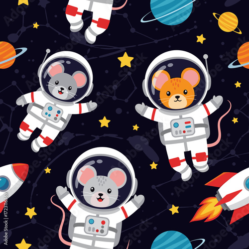 Adorable astronaut mice float happily in a vibrant outer space pattern with planets and stars
