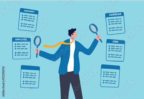 Job seeking, search for new career and opportunity, looking for employment and job vacancy concept, smart businessman using magnifying glass in both hands searching for new hiring career.