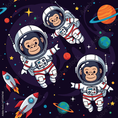 Cute cartoon monkeys as astronauts exploring space with rockets and planets Fun adventure concept