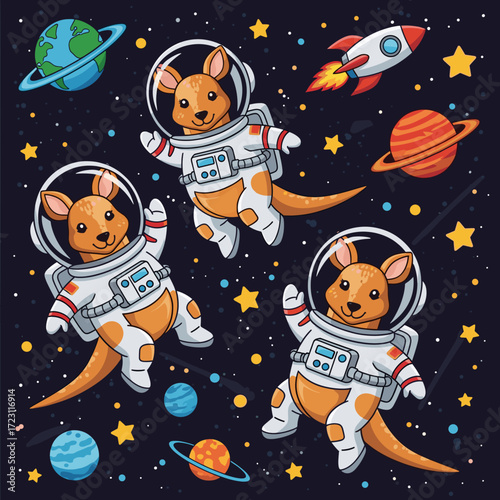 Whimsical astronaut kangaroos explore space surrounded by planets stars and rockets