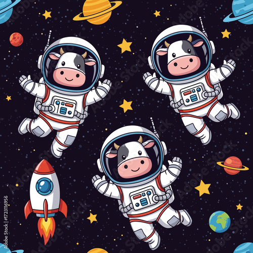 Cute astronaut cows float happily in outer space with planets and a rocket Childrens fun