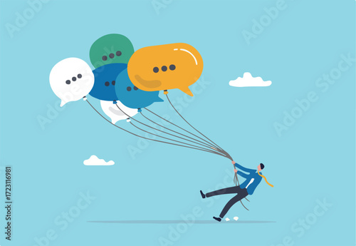 Communication management, PR public relation, handle public comment or social criticism, meeting summary or discussion talk, conversation or dialog concept, businessman manage speech bubble balloons