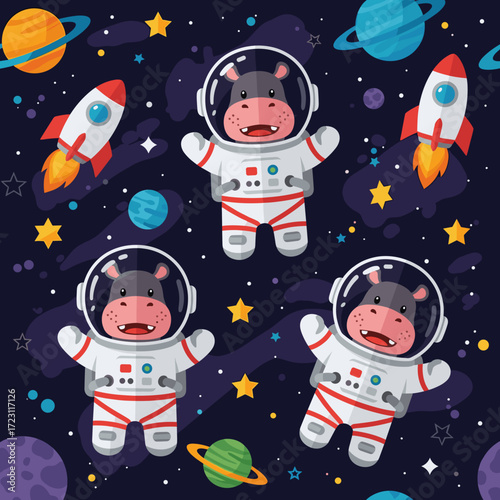 Joyful cartoon hippo astronauts float in vibrant space with rockets and planets Childhood adventure
