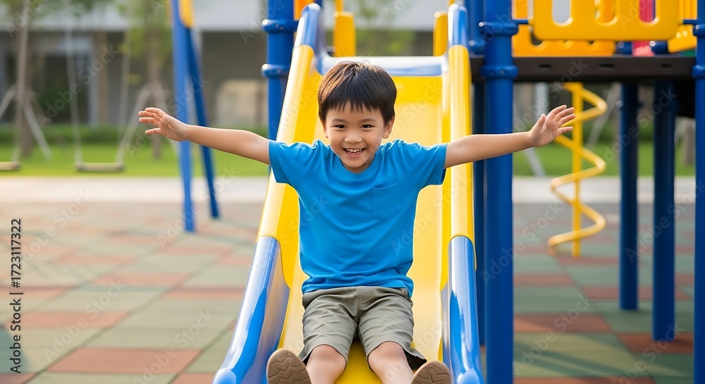 Fototapeta premium Happy little Asian boy having fun sliding down a colorful playground slide.
