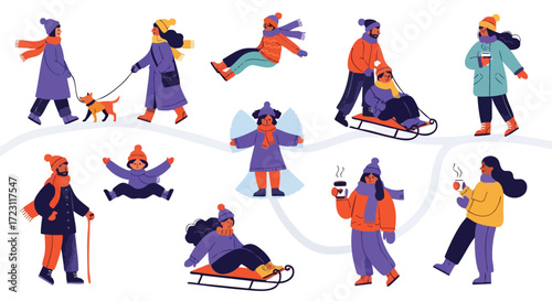Joyful winter scenes capture diverse people enjoying snowy outdoor activities like sledding, walking dogs, and sipping hot drinks, perfect for holiday promotions.