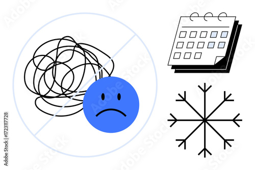 Blue sad face amidst chaos, a calendar, and snowflake symbolizing emotional struggles, planning, and seasonal changes. Ideal for mental health, stress management, time organization, planning mood