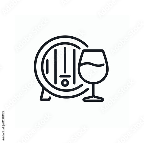 Wine Barrel and Glass Icon: A minimalist icon depicts a classic wooden barrel alongside an elegant glass of wine, perfect for illustrating the art of wine-making and enjoyment.