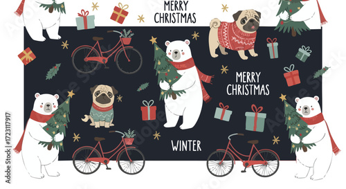 Charming winter holiday scene featuring polar bears, pugs in sweaters, bicycles, presents, and festive cheer for cards and invitations