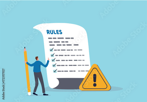 Rules and regulations, policy and guideline for employee to follow, legal term, corporate compliance or laws, standard procedure concept, businessman finish writing rules and regulations document