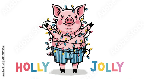 Whimsical pig playfully tangled in colorful festive Christmas lights spreading holiday cheer with 'Holly Jolly' text