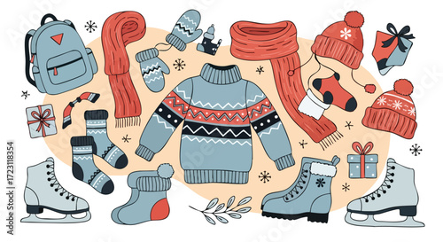 Cozy winter essentials like a sweater, scarf, hats, mittens, socks, backpack, and ice skates perfect for cold weather adventures and gifting