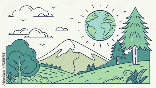 Earth Day Banner with Forest & Mountains