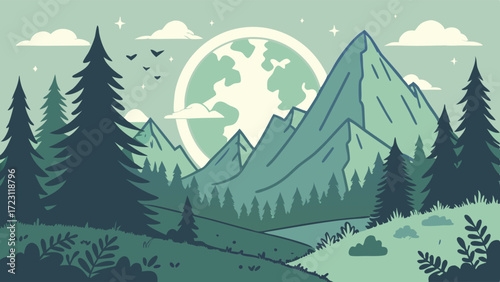 Earth Day Banner with Forest & Mountains