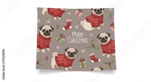 Adorable holiday scene with pugs in sweaters, gifts, stockings, and mistletoe evoking warmth, joy, and the spirit of Christmas celebrations