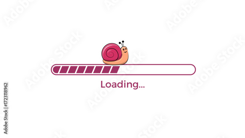 Progress bar with snail. Vector illustration of loading bar with slow moving animal in pink color on white background.