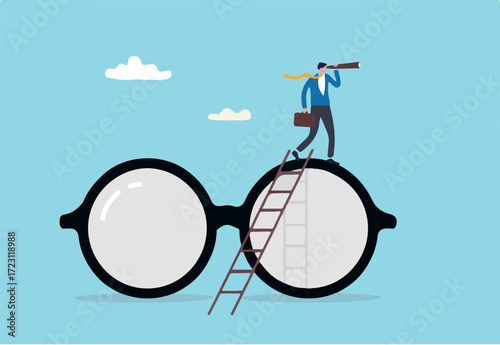 Clear business vision, clarity or transparency, discover way to success or looking for business opportunity, precision or accuracy concept, businessman climb up big eyeglasses see vision on telescope.