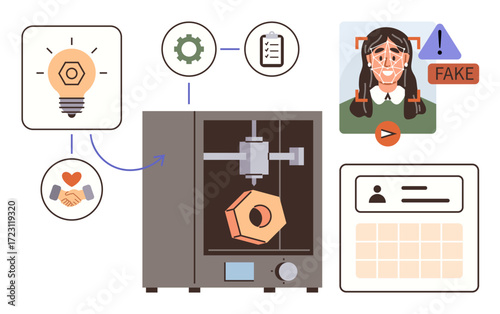 3D printer creating geometric design, AI facial recognition warning, clipboard, cogwheel, handshake, and idea concepts. Ideal for innovation, ethics, AI technology research creativity teamwork