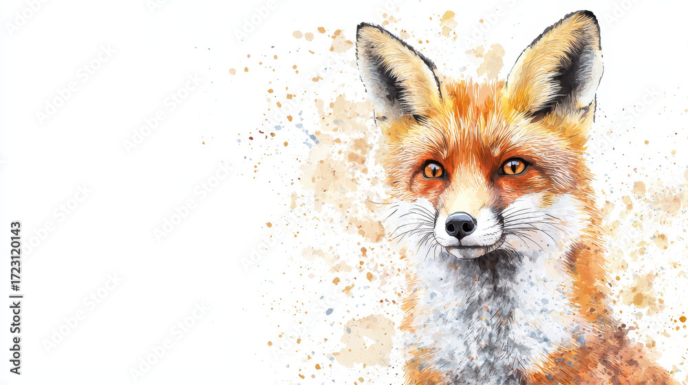 Obraz premium Vibrant watercolor illustration of fox, showcasing its striking orange fur and expressive eyes against splattered background. artwork captures