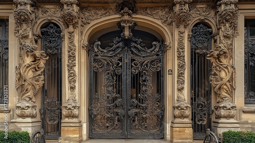 Regal double gate with ornate carvings, intricate metal details, and a grand presence