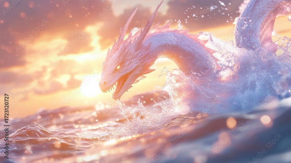 Fototapeta premium Majestic sea dragon rising at sunset over ocean waves