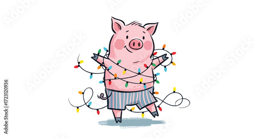 Festive pink pig tangled in Christmas lights, adding playful holiday cheer to marketing materials, children's books, and seasonal social media posts