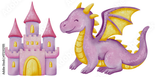 Fairy tale watercolor clipart set with princesses, fairy, unicorn, dragon, castle and festive details, perfect for kids’ creative projects.