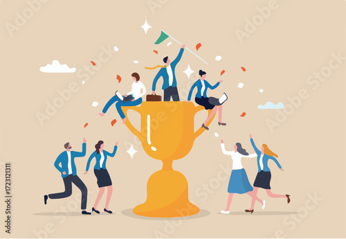 Team success winning trophy, reach business goal together, teamwork or partnership to win or succeed, motivation or leadership concept, business people greeting victory on winning success trophy