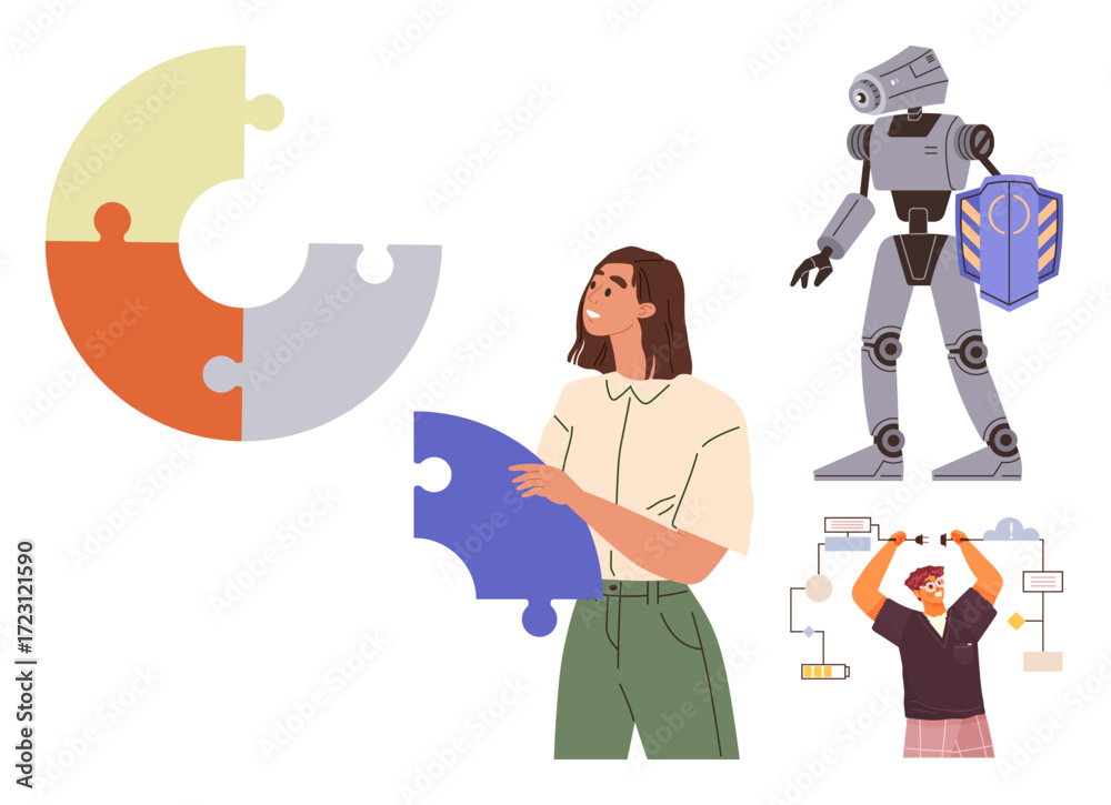 Obraz premium Woman holding puzzle piece, humanoid robot with shield, and man connecting flowchart. Ideal for teamwork, innovation, automation, creativity, strategy robotics futuristic themes. Vibrant flat