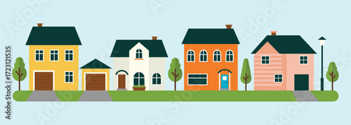 Colorful suburban houses, residential neighborhood street view, modern family homes with trees, green lawns, real estate property illustration.