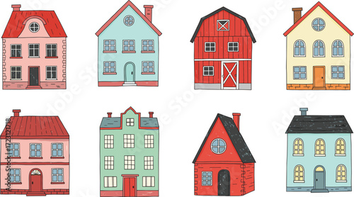 Hand drawn colorful houses illustration, vintage residential buildings, cozy home design, suburban architecture, urban neighborhood, real estate property.