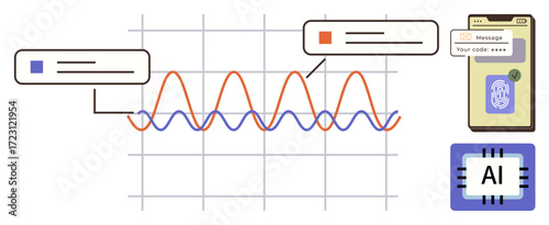 Graph with data lines, message notification, AI chip symbol. Ideal for analytics, AI, cybersecurity, technology, data science communication. Simplistic modern design as a flat metaphor
