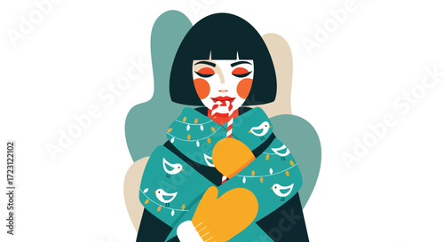 Whimsical winter girl enjoying a candy cane wrapped in a cozy bird patterned blanket and mittens bringing festive holiday cheer and happiness