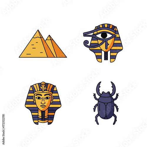 Egyptian Symbols and Icons Set Pyramids, Eye of Horus, Pharaoh Mask, Scarab Beetle