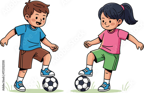 Happy kids playing soccer together, boy and girl practicing football outdoors, children exercise, teamwork, sports activity, fun game, active lifestyle, summer play