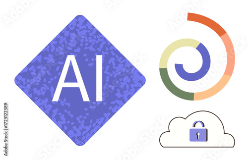 AI symbol in a diamond shape with textured background, a segmented circular graphic, and a secure cloud icon. Ideal for technology, AI, cybersecurity, innovation, analytics, data digital solutions