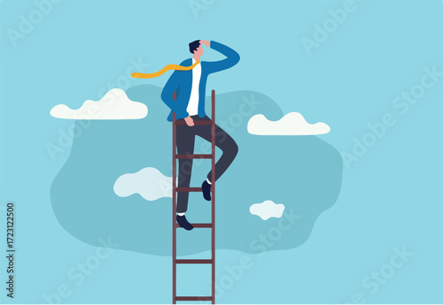Ladder of success, vision to lead business to achieve goal or opportunity in career concept, smart confident businessman leader climb up to reach top of ladder high in the sky look forward to future.