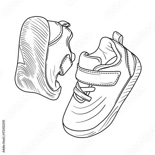 Detailed line art illustration of two baby shoes, one showing the sole and the other with velcro straps and laces.