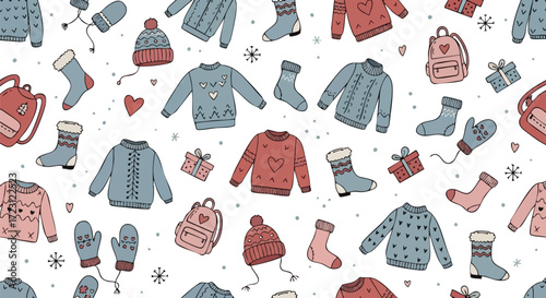 Charming winter pattern with cozy sweaters, festive socks, and sweet accessories creates a warm, inviting backdrop for holiday promotions