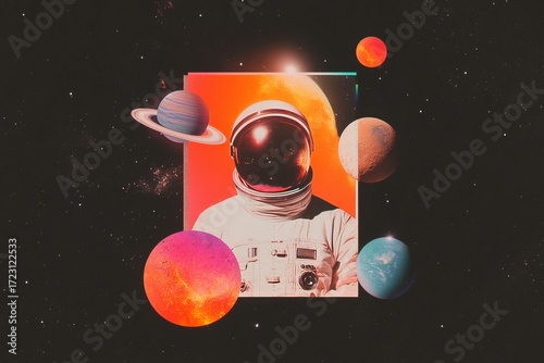 Retro futurism collage featuring an astronaut and planets in vibrant colors