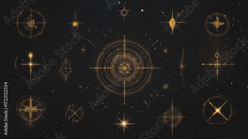 Mystical celestial symbols on starry night background