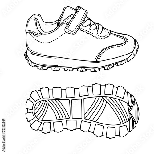 Black and white illustration of a childs running shoe, showing the shoe from the top and the sole from the bottom. The shoe has a velcro strap and laces. The sole has a textured tread pattern.