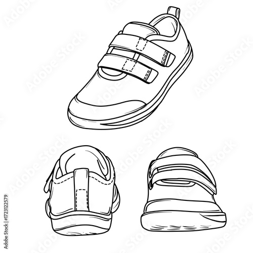 A line drawing of a childs shoe shown from the side, back, and front views, featuring hook and loop straps.