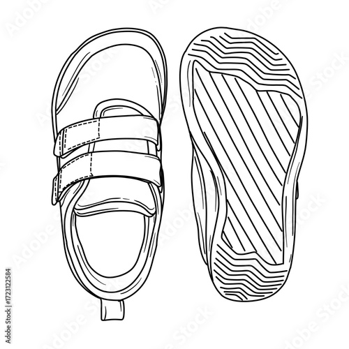 A detailed black and white line art illustration showcasing a pair of kids sandals from both the top and bottom perspectives, highlighting the straps and sole pattern.