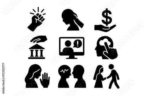 Icons depicting types of abuse. Black and white vector